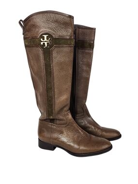 Tory Burch Logo Brown Leather Riding Knee Boots Olive Suede Trim Size 9M Cowgirl